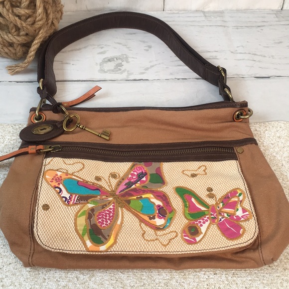 Vintage Fossil Brown Tan Canvas Butterfly Handbag